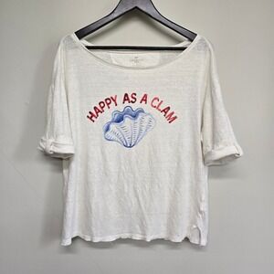 Talbots Happy As A Clam Top Womens 1X White Linen Graphic Tee Coastal Nautical